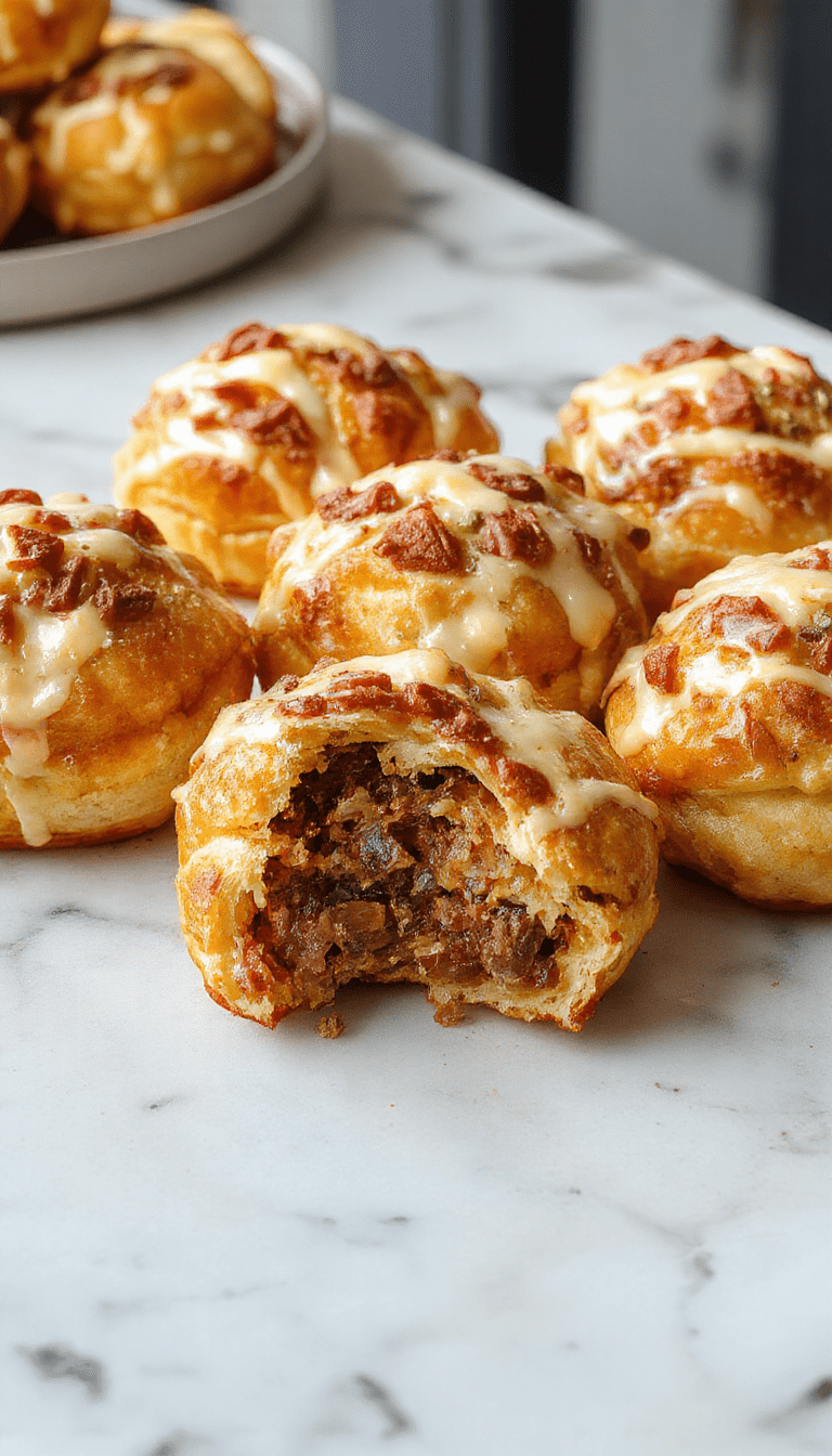 Golden-brown, flaky pastry puffs filled with tender pulled beef, garnished with fresh herbs, arranged neatly on a rustic white plate, with a hint of steam rising, showcasing crunchy textures and juicy meat filling.