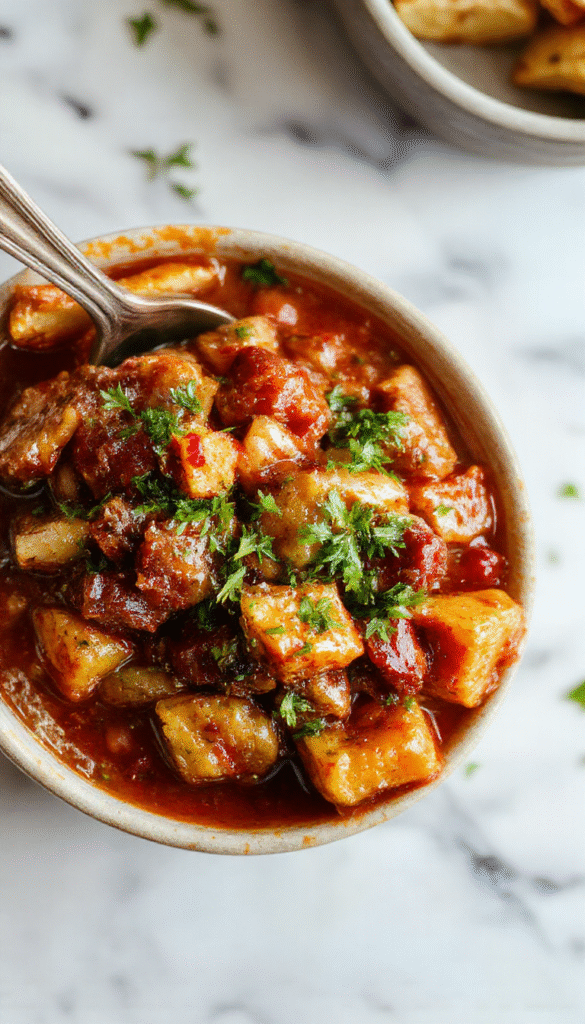 A hearty serving of Crock Pot Poor Man's Stew in a rustic bowl, featuring chunks of beef, potatoes, carrots, and peas, garnished with fresh herbs, all steaming and inviting against a cozy kitchen backdrop.