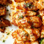 Colorful chicken fajitas on a rectangular white plate with vibrant red and green bell peppers, sizzling chicken strips, and lightly charred onions, garnished with fresh cilantro, served with lime wedges, all arranged beautifully on a rustic wooden background with a side of warm tortillas.