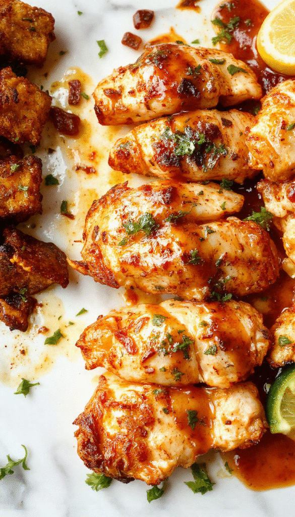 Colorful chicken fajitas on a rectangular white plate with vibrant red and green bell peppers, sizzling chicken strips, and lightly charred onions, garnished with fresh cilantro, served with lime wedges, all arranged beautifully on a rustic wooden background with a side of warm tortillas.