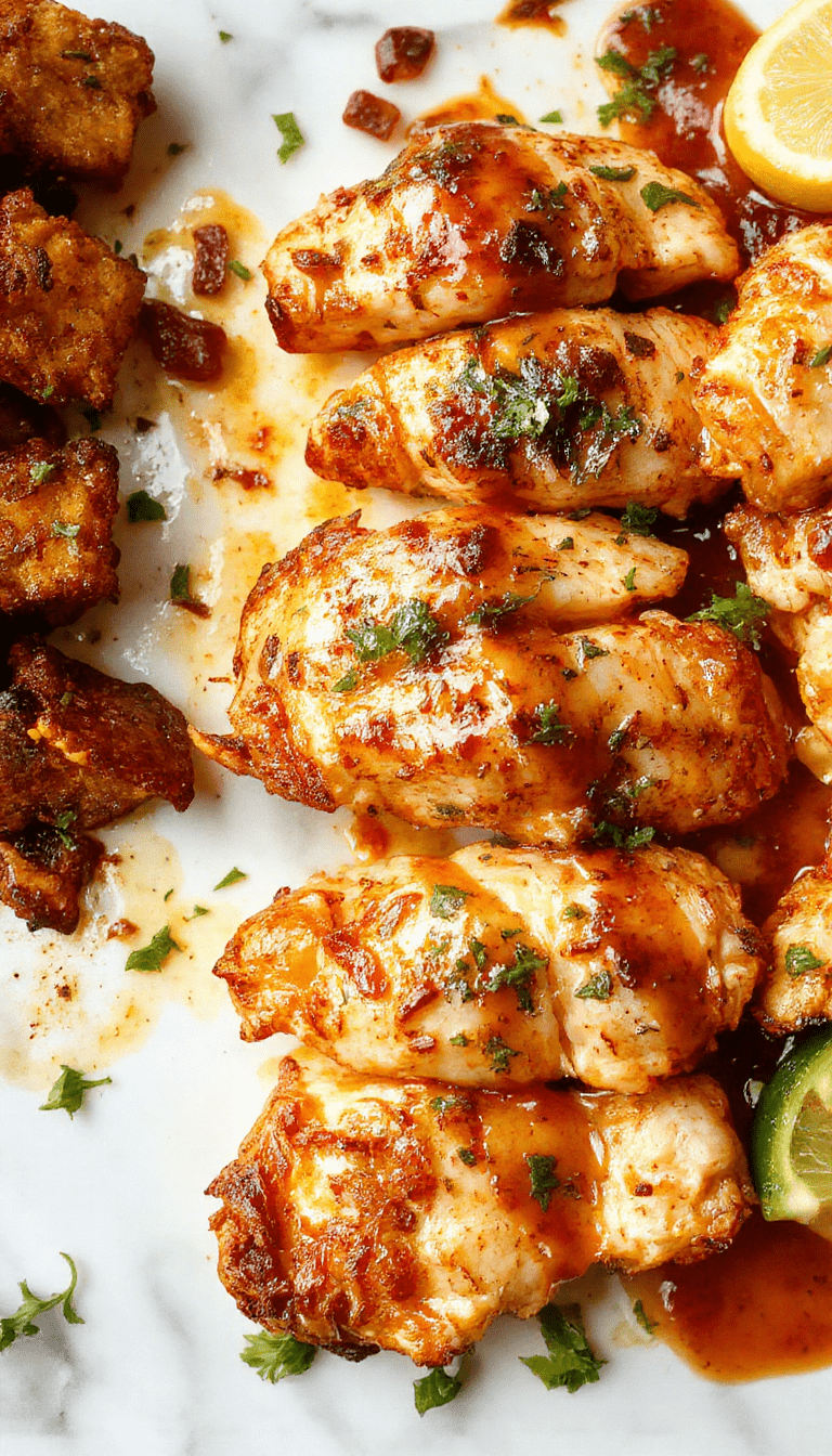 Colorful chicken fajitas on a rectangular white plate with vibrant red and green bell peppers, sizzling chicken strips, and lightly charred onions, garnished with fresh cilantro, served with lime wedges, all arranged beautifully on a rustic wooden background with a side of warm tortillas.