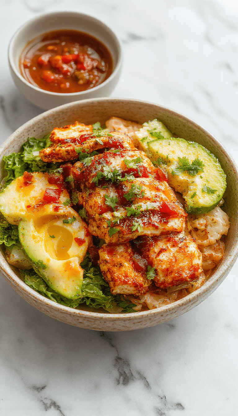 Colorful chicken fajita burrito bowl featuring sliced grilled chicken, vibrant red and green bell peppers, onions, melted cheese, cilantro, and lime wedges on a rustic wooden plate with fresh toppings and a side of tortilla chips, styled with a sprinkle of herbs and a bright background.