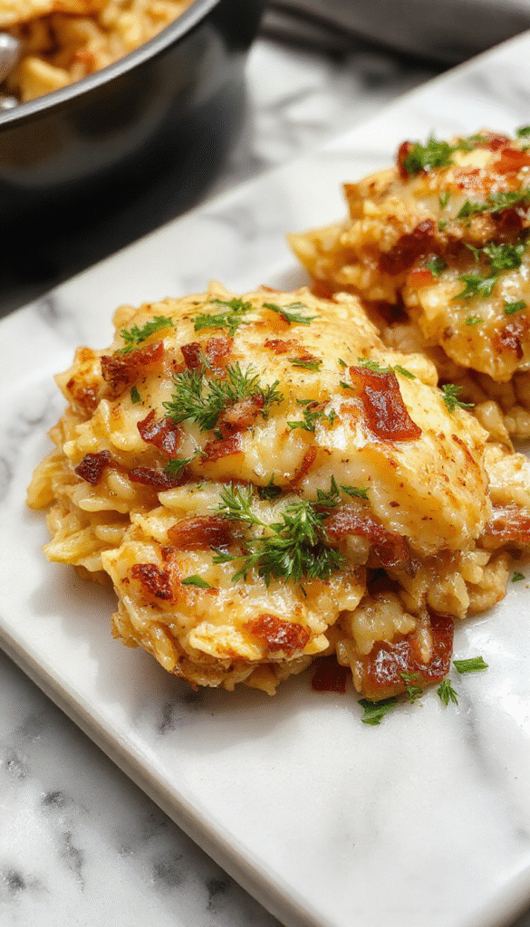 A vibrant casserole dish featuring golden-brown baked chicken pieces atop bubbly, caramelized onions and tender orzo pasta, garnished with fresh herbs, served on a rustic white plate with a sprinkle of cheese and a side of fresh green garnish