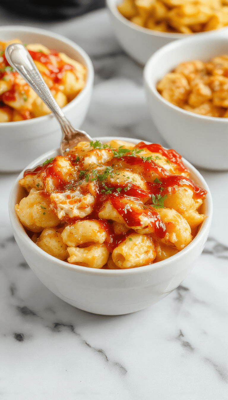 A vibrant plate of creamy mac and cheese topped with chunks of grilled honey BBQ chicken, garnished with fresh herbs. The dish features golden cheesy pasta with tender chicken pieces, presented on a rustic wooden table styled with fall-themed decor and a drizzle of honey BBQ sauce, with a warm inviting atmosphere.