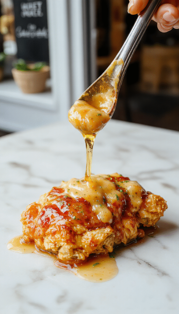 A beautifully plated honey butter chicken breast featuring golden-brown crispy exterior drizzled with glossy honey butter sauce, garnished with fresh herbs on a rustic wooden table with vibrant side vegetables, capturing a mouthwatering and inviting presentation.
