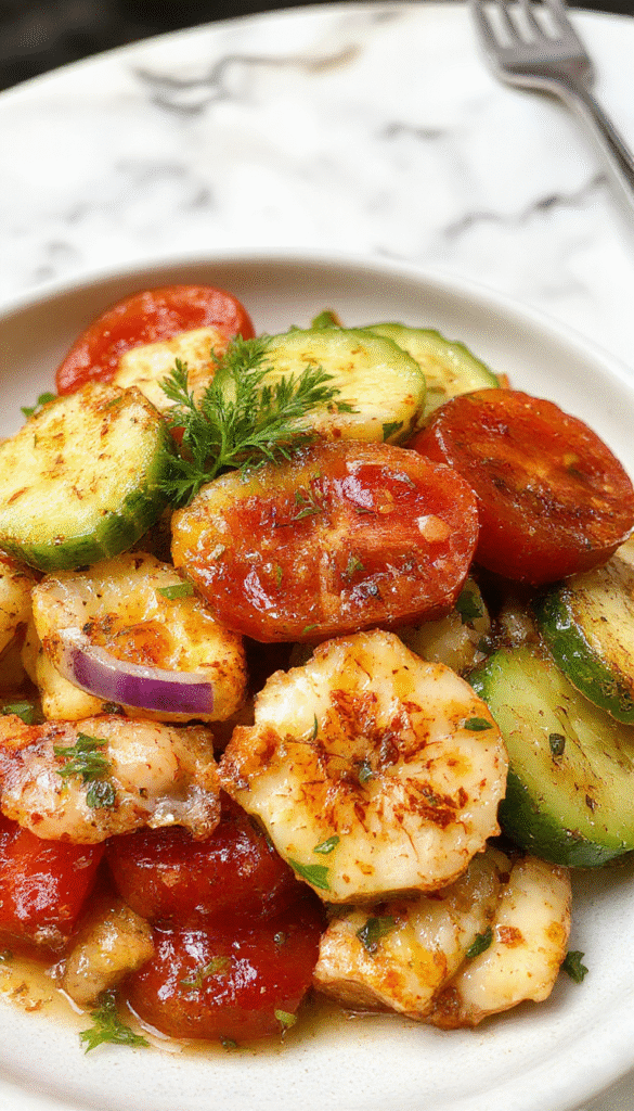 A vibrant Mediterranean salad in a white bowl featuring fresh sliced cucumbers, juicy diced tomatoes, and thinly sliced onions. The salad is garnished with chopped herbs and drizzled with olive oil, showcasing bright green, red, and purple colors, with a rustic wooden background and a drizzle of balsamic glaze on the side.