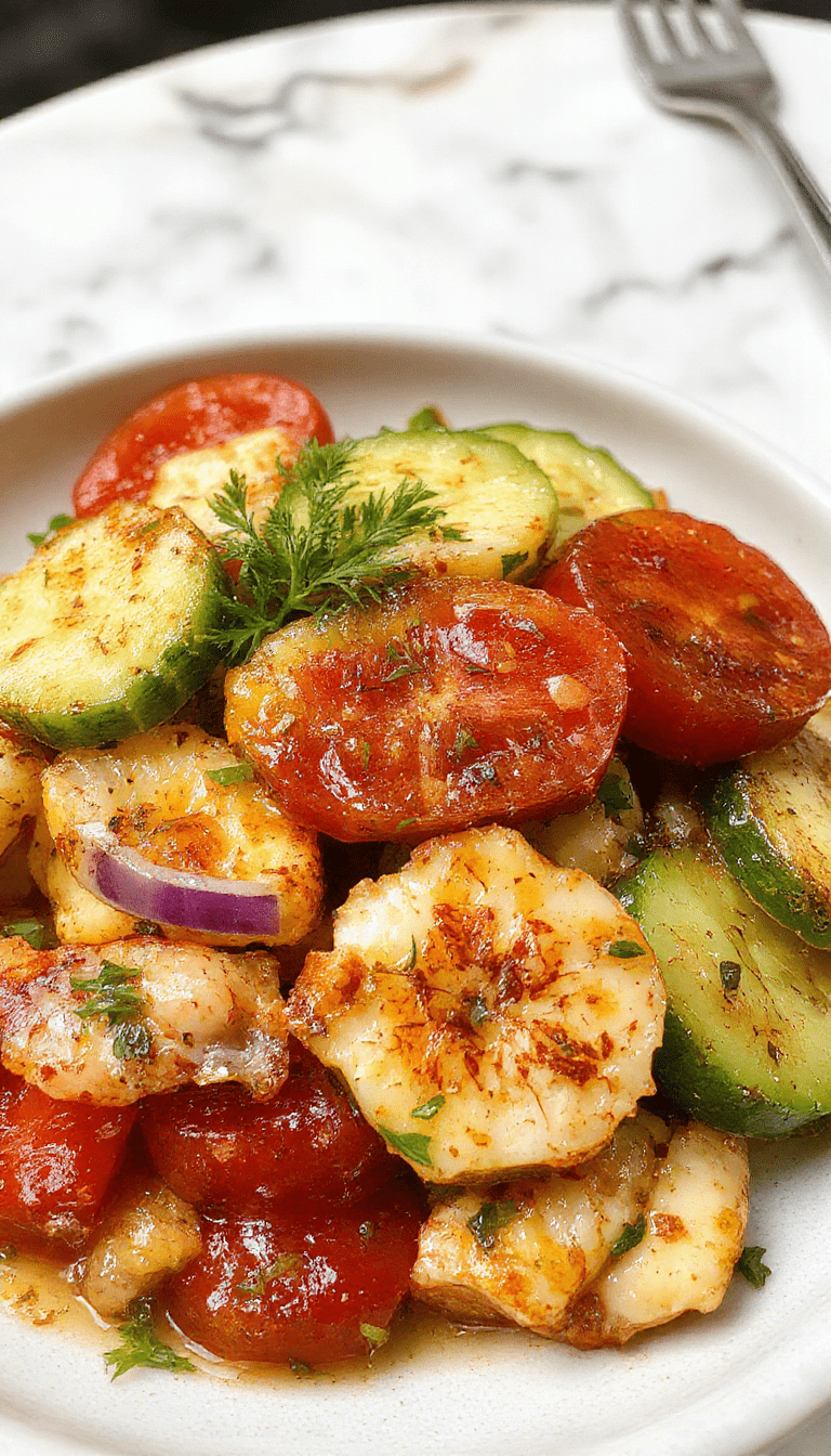 A vibrant Mediterranean salad in a white bowl featuring fresh sliced cucumbers, juicy diced tomatoes, and thinly sliced onions. The salad is garnished with chopped herbs and drizzled with olive oil, showcasing bright green, red, and purple colors, with a rustic wooden background and a drizzle of balsamic glaze on the side.