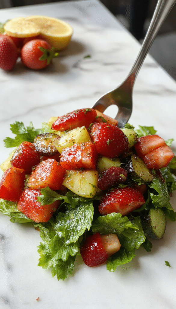 A vibrant salad featuring thinly sliced cucumbers and fresh strawberries arranged in a white bowl. The colorful ingredients are garnished with mint leaves, creating a fresh and appealing presentation. The salad’s textures include crisp cucumbers and juicy strawberries, with a light drizzle of dressing visible.