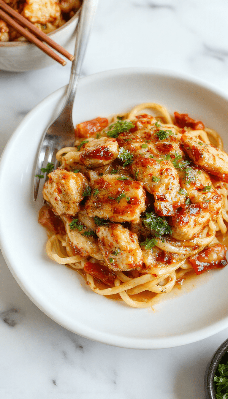 A close-up of a vibrant plate of sticky garlic chicken noodles featuring tender chicken pieces coated in glossy garlic sauce, topped with chopped green onions and sesame seeds. The noodles are perfectly cooked, caramelized garlic visible, with some vegetables mixed in, served on a white plate with a rustic wooden background.