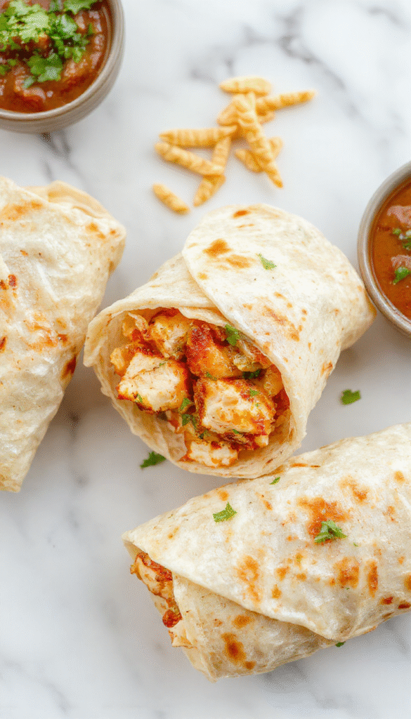 Colorful presentation of sweet chili chicken wraps on a white plate, filled with grilled chicken, crunchy vegetables, and drizzled with glossy sweet chili sauce, styled elegantly with fresh herbs and a side of lime wedges.