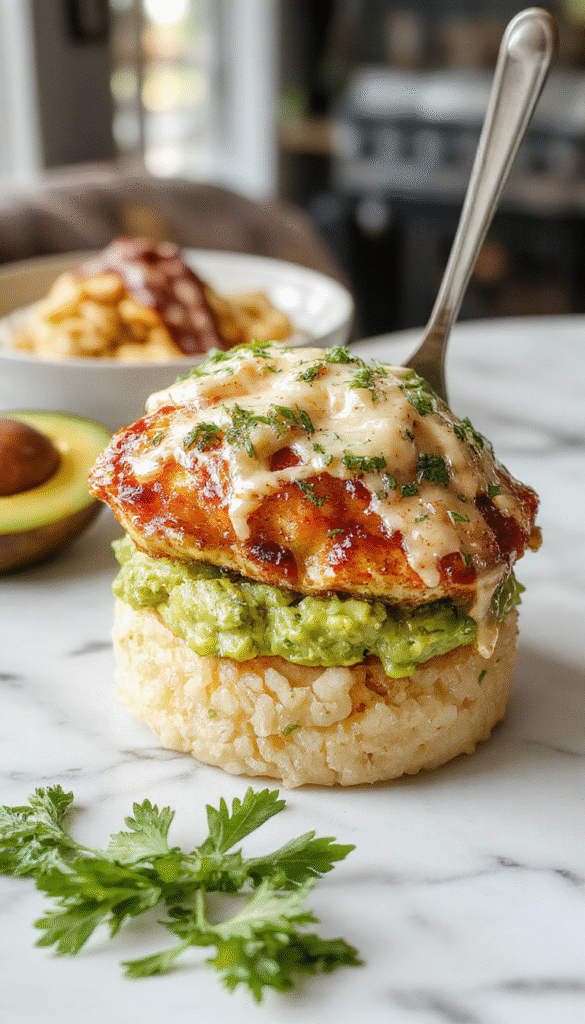 Colorful plate featuring layers of fluffy rice topped with slices of crispy chicken glazed with honey lime sauce, garnished with sliced creamy avocado and fresh lime wedges. The dish is beautifully styled with vibrant green avocado, golden-brown chicken, and a drizzle of honey, set against a rustic wooden background.