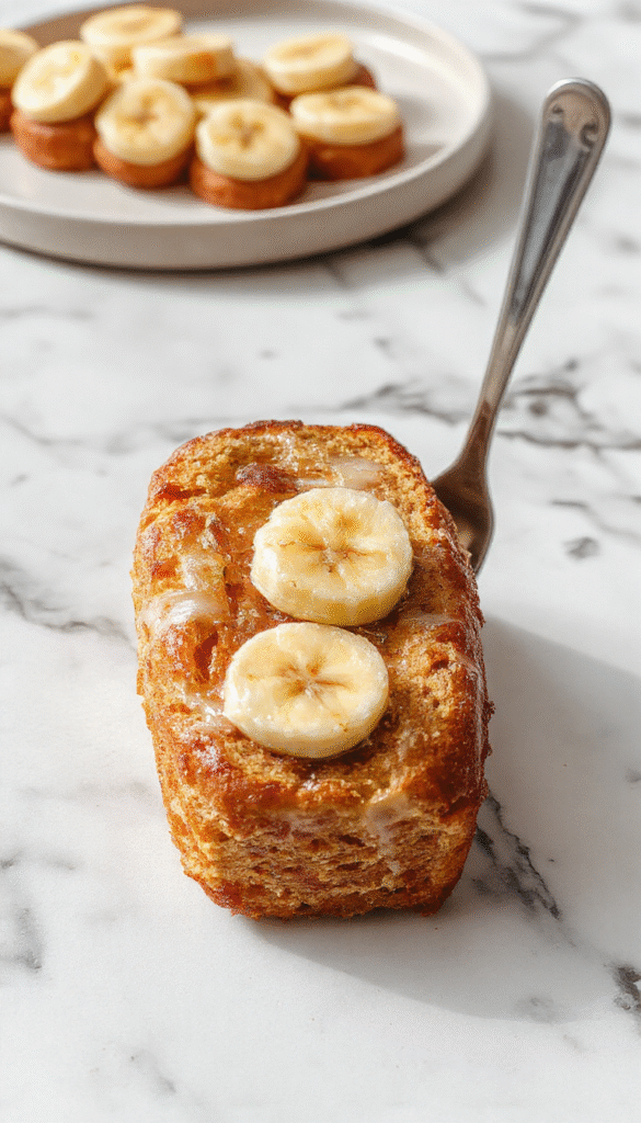 A golden slice of banana bread topped with banana slices and a drizzle of caramel sauce, presented on a rustic wooden plate with a fork and fresh bananas in the background, styled with warm natural lighting highlighting its moist texture and rich flavor.