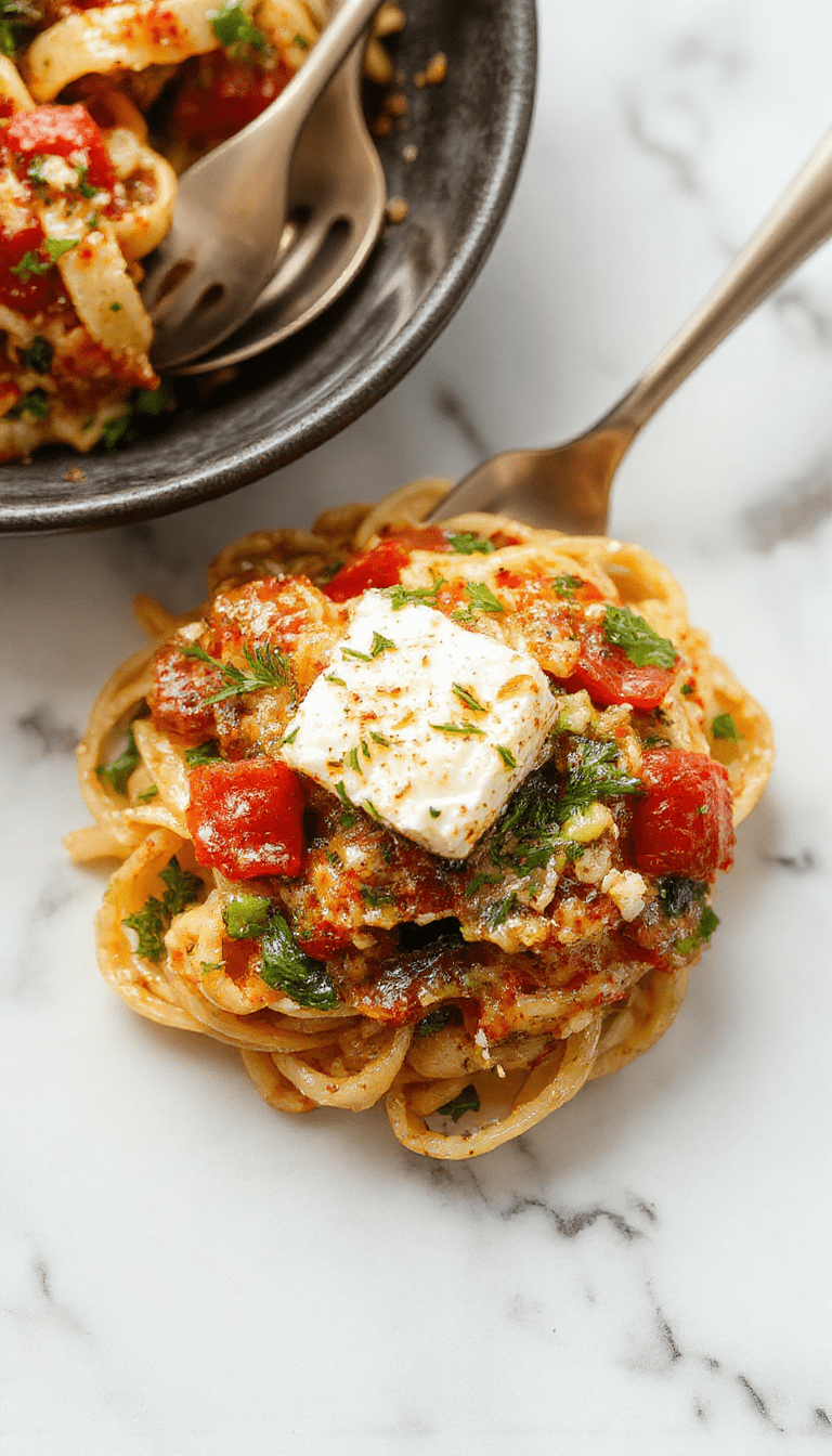 A vibrant plate of veggie pasta topped with crumbled baked feta cheese. The dish features spiral noodles mixed with cherry tomatoes, spinach, bell peppers, and herbs, all beautifully arranged on a white dinner plate. The baked feta has a golden crust, contrasting with the colorful vegetables, and garnished with fresh basil. The background shows a rustic wooden table and natural lighting highlighting textures and colors.