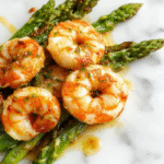 A vibrant plate featuring succulent lemon garlic shrimp nestled beside bright green asparagus spears, all garnished with fresh lemon slices and herbs, with a glossy sauce highlighting the textures and colors.