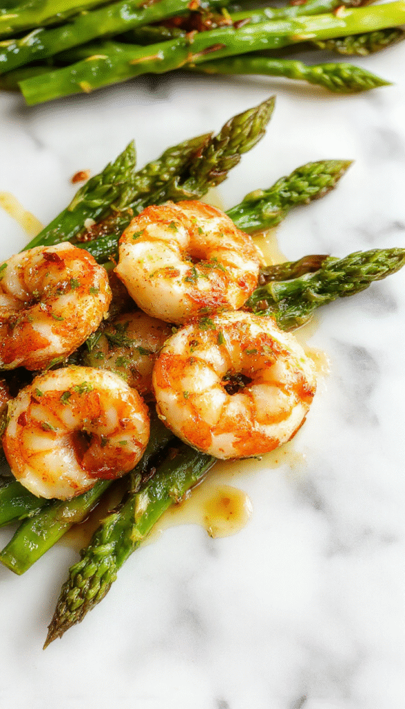 A vibrant plate featuring succulent lemon garlic shrimp nestled beside bright green asparagus spears, all garnished with fresh lemon slices and herbs, with a glossy sauce highlighting the textures and colors.